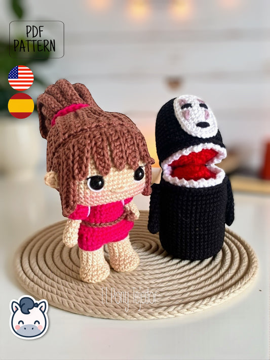 Handmade Chihiro and No Face amigurumi inspired by Studio Ghibli’s Spirited Away (El Viaje de Chihiro), a perfect pattern for fans of Ghibli, anime, and magical handmade creations.