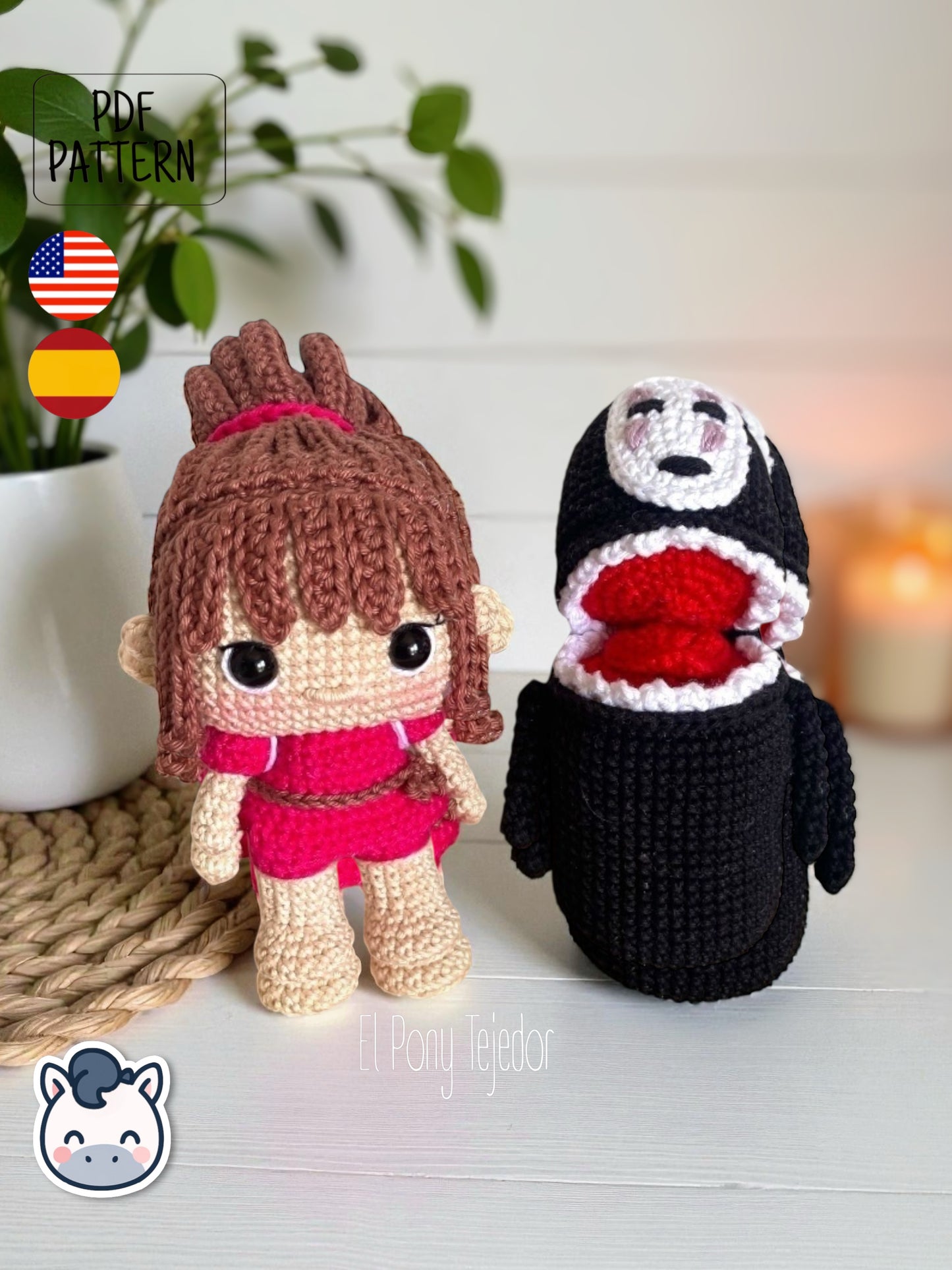 Handmade Chihiro and No Face amigurumi inspired by Studio Ghibli’s Spirited Away (El Viaje de Chihiro), a perfect pattern for fans of Ghibli, anime, and magical handmade creations.