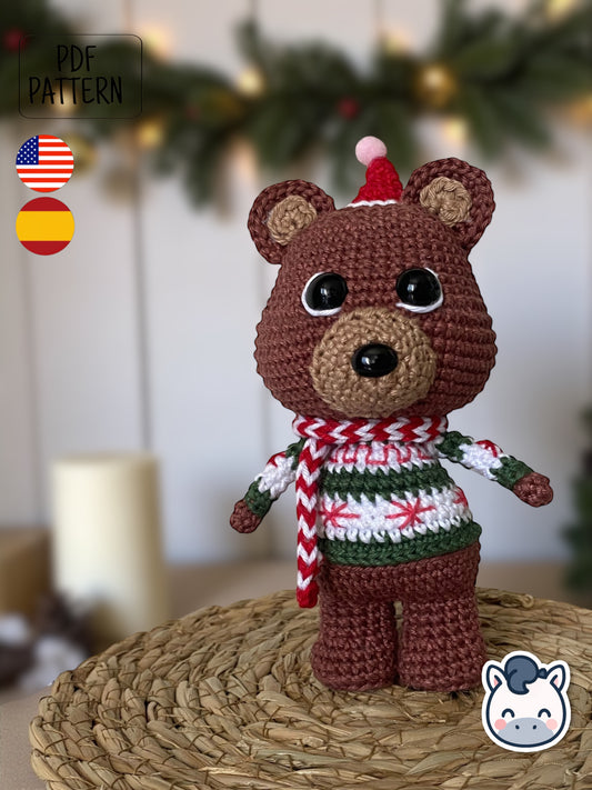 Handmade Christmas Bear amigurumi inspired by cozy winter holiday decor, a cute Christmas crochet pattern PDF perfect for fans of festive plush toys, handmade gifts and adorable amigurumi characters.