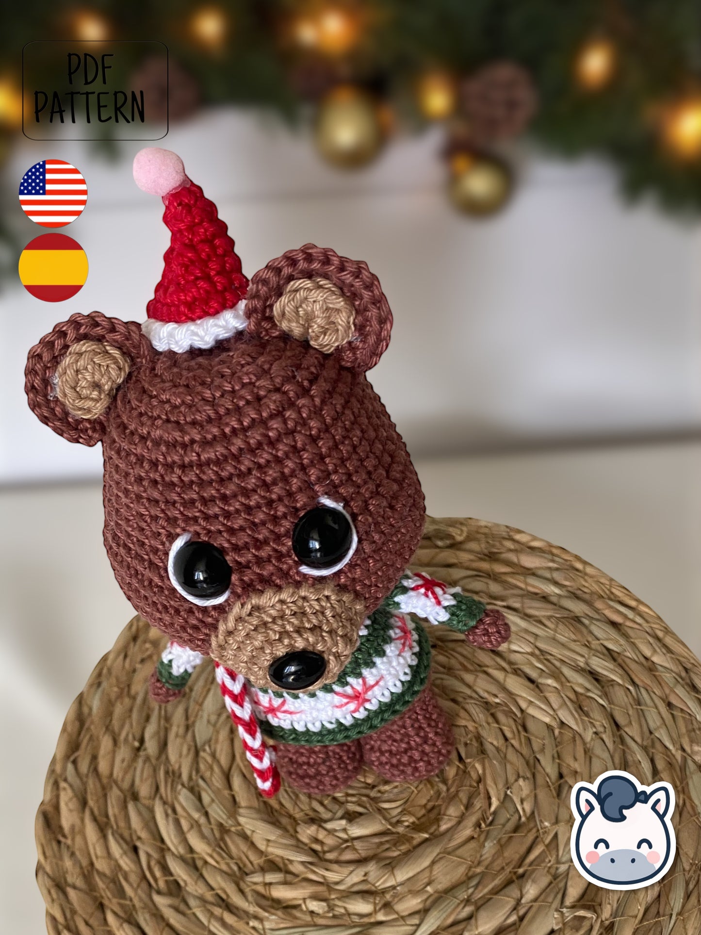 Handmade Christmas Bear amigurumi inspired by cozy winter holiday decor, a cute Christmas crochet pattern PDF perfect for fans of festive plush toys, handmade gifts and adorable amigurumi characters.