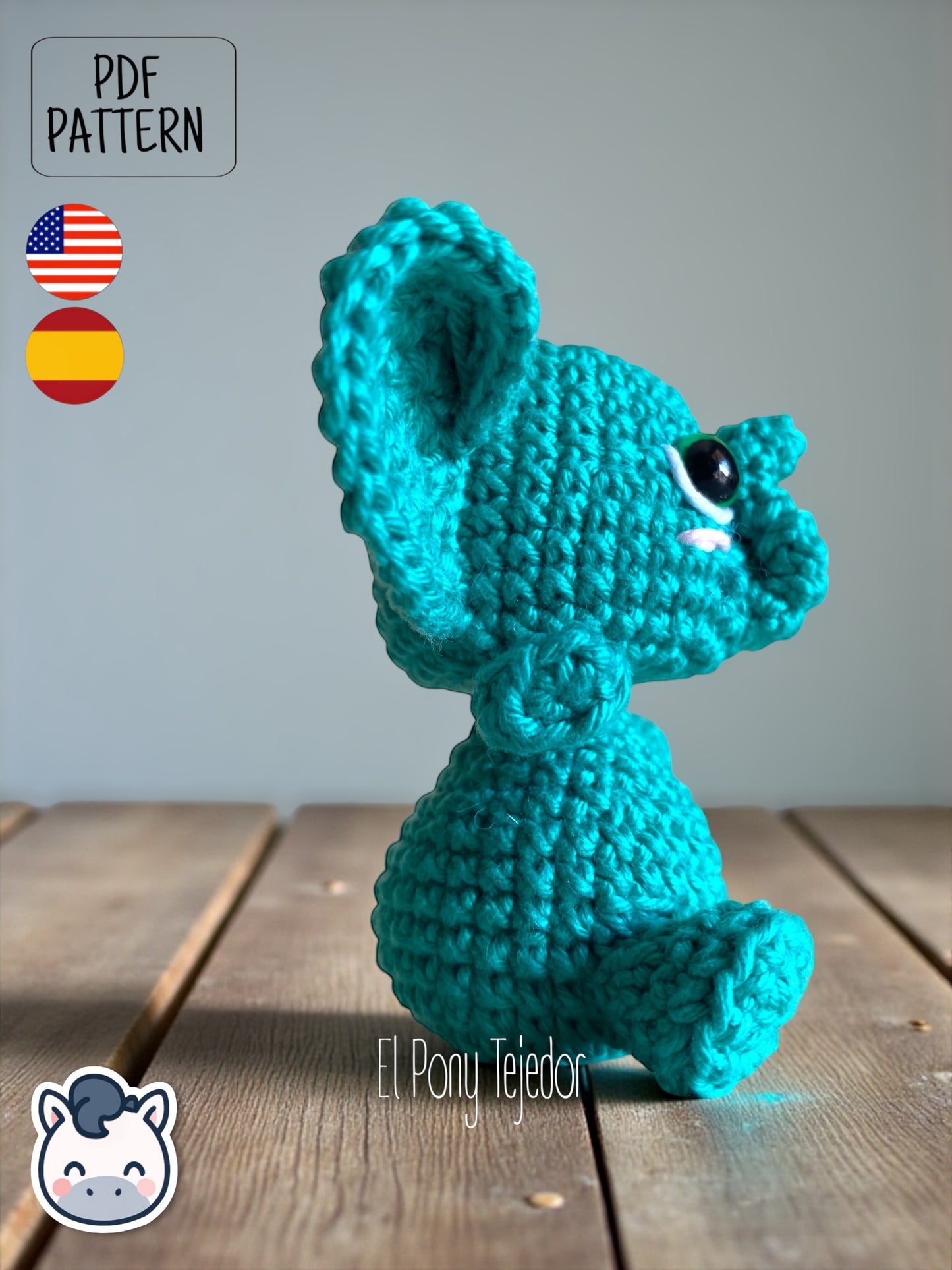 Handmade elephant amigurumi inspired by cute kawaii animal designs, crochet pattern PDF perfect as plush toy or keychain, ideal for animal lovers and handmade crochet fans.
