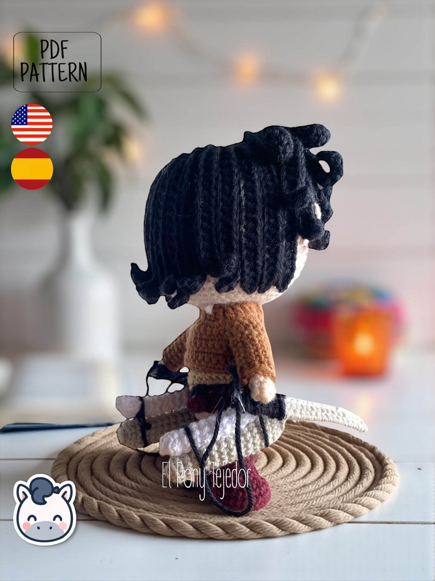 Handmade Eren Jaeger amigurumi inspired by Attack on Titan, a perfect pattern for fans of anime, epic battles, and detailed crochet art.