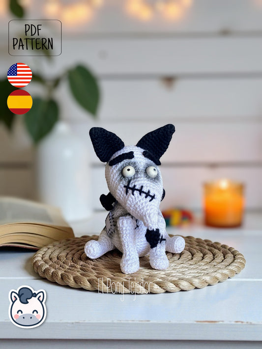 Handmade Sparky amigurumi inspired by Tim Burton’s Frankenweenie, a spooky and cute Halloween crochet pattern PDF perfect for gothic lovers and geek plush collectors.
