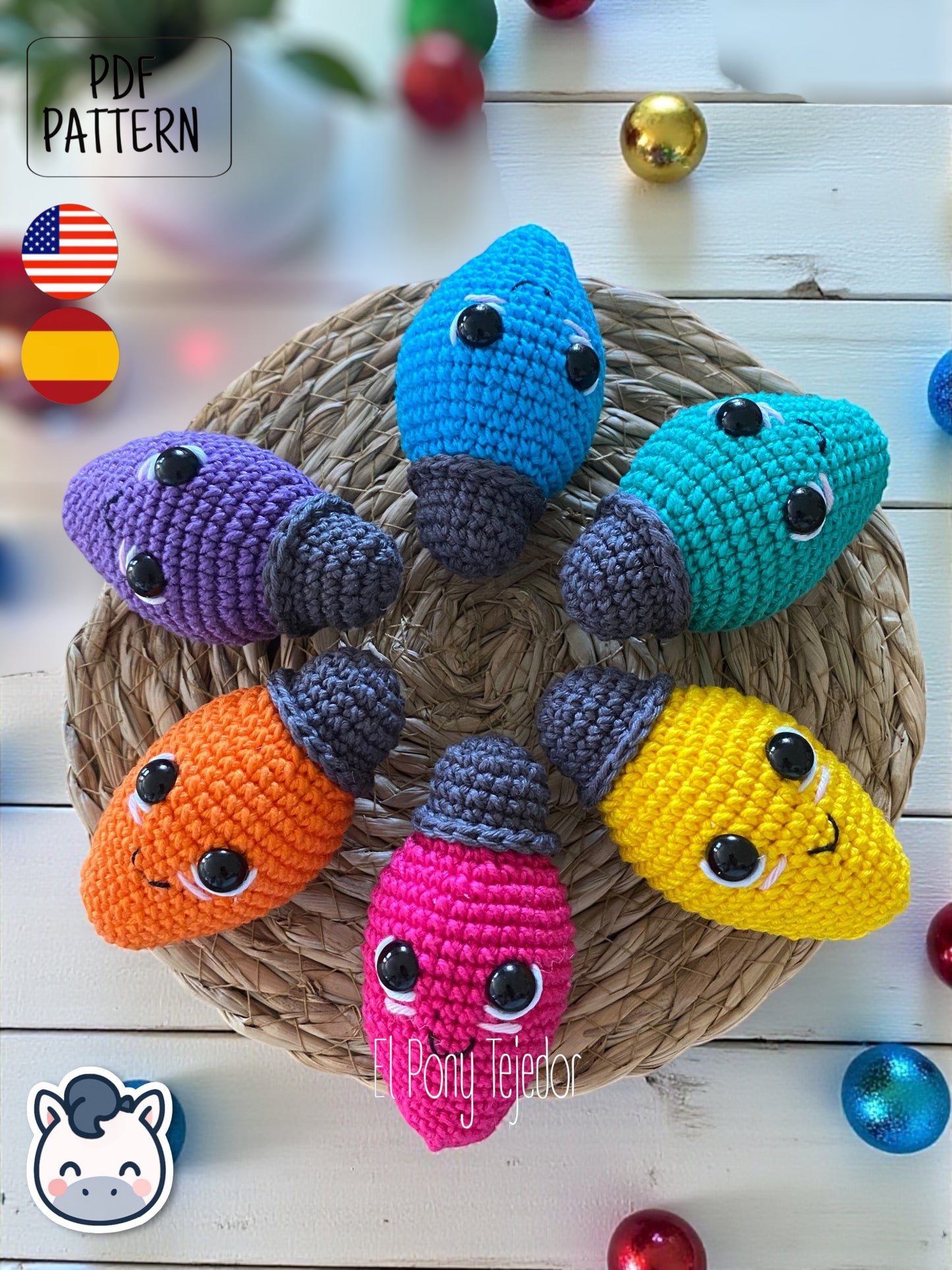 Handmade Christmas light string amigurumi inspired by cozy holiday decor, colorful kawaii Christmas crochet pattern PDF.