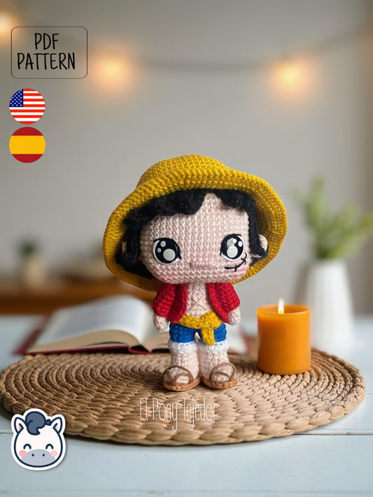 Handmade Monkey D. Luffy amigurumi inspired by Eiichiro Oda’s One Piece, a perfect pattern for fans of pirates, anime adventures, and Japanese manga classics.