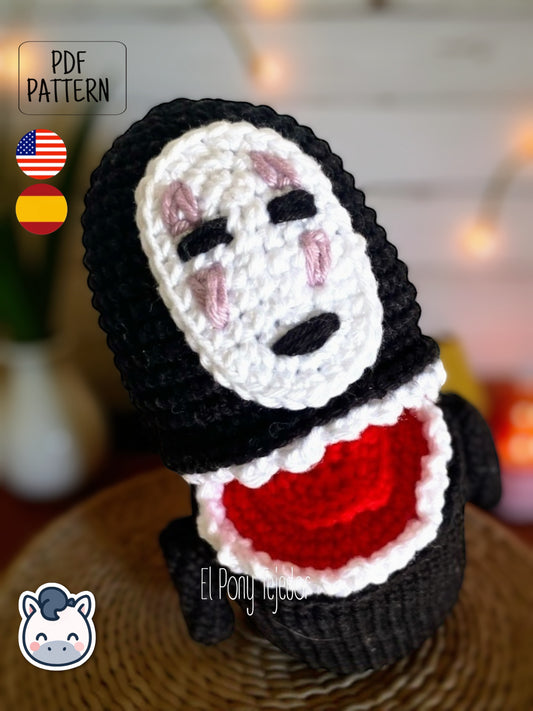 Handmade No Face amigurumi inspired by Studio Ghibli’s Spirited Away, a perfect pattern for fans of Ghibli, Halloween, and mysterious anime spirits.
