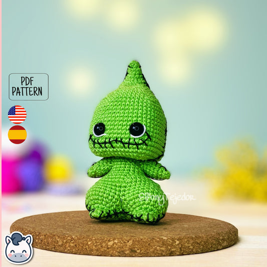 Handmade Oogie Boogie amigurumi inspired by The Nightmare Before Christmas, spooky Halloween crochet pattern PDF.