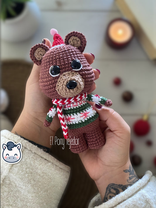 Handmade Christmas Bear plush amigurumi with cozy winter sweater and hat, perfect for Christmas décor and artisanal gift ideas.