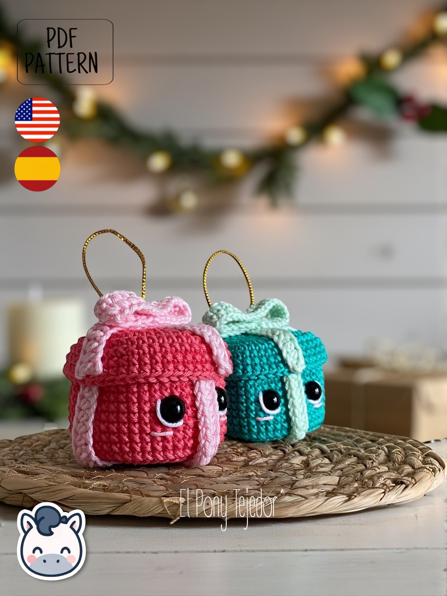 Handmade Kawaii Christmas Presents amigurumi inspired by Holiday Decor, cute gift crochet pattern PDF.