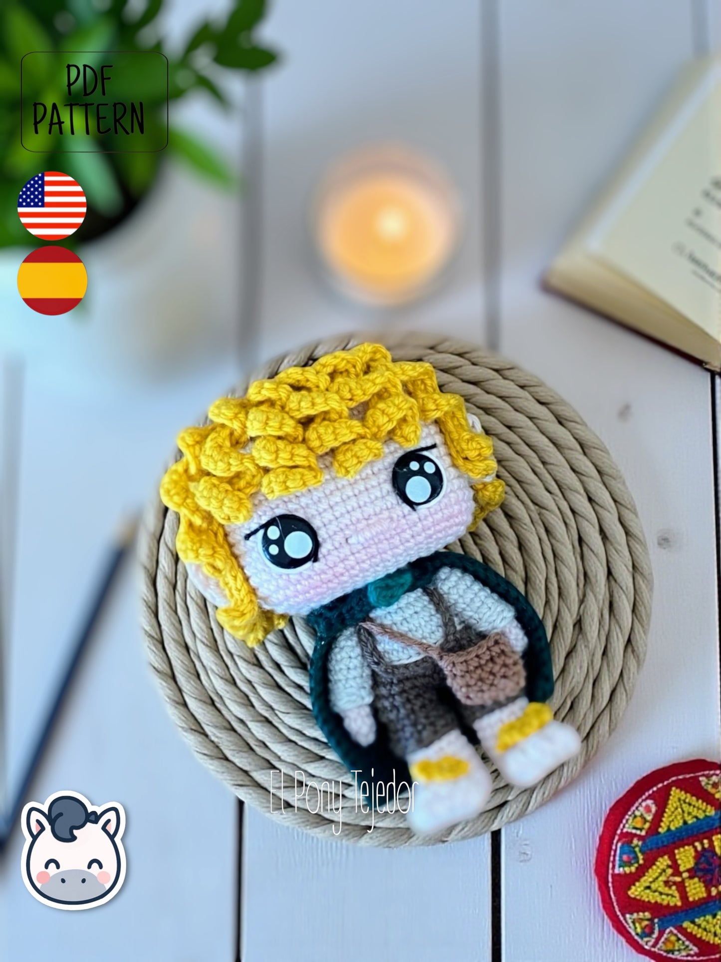 Handmade Samwise Gamgee amigurumi inspired by The Lord of the Rings, a fantasy crochet pattern PDF perfect for Tolkien fans, collectors and geek plush lovers.