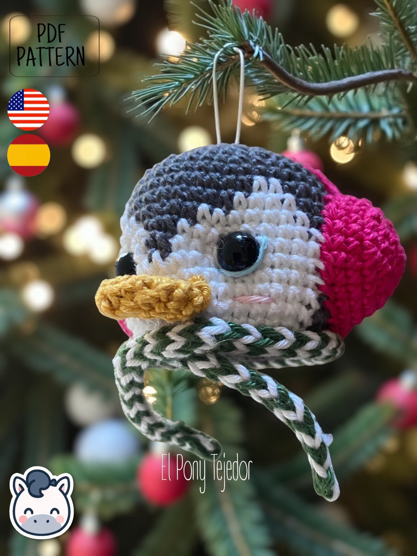 Handmade Christmas amigurumi ornaments featuring a snowman, penguin and polar bear, cute winter crochet pattern PDF for holiday tree decoration.