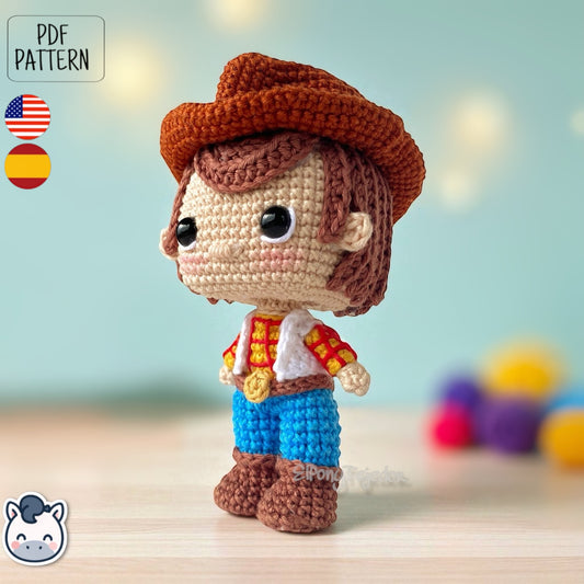 Handmade Woody amigurumi inspired by Disney Pixar’s Toy Story, a perfect crochet pattern for fans of cowboys, Western style, and animation classics.