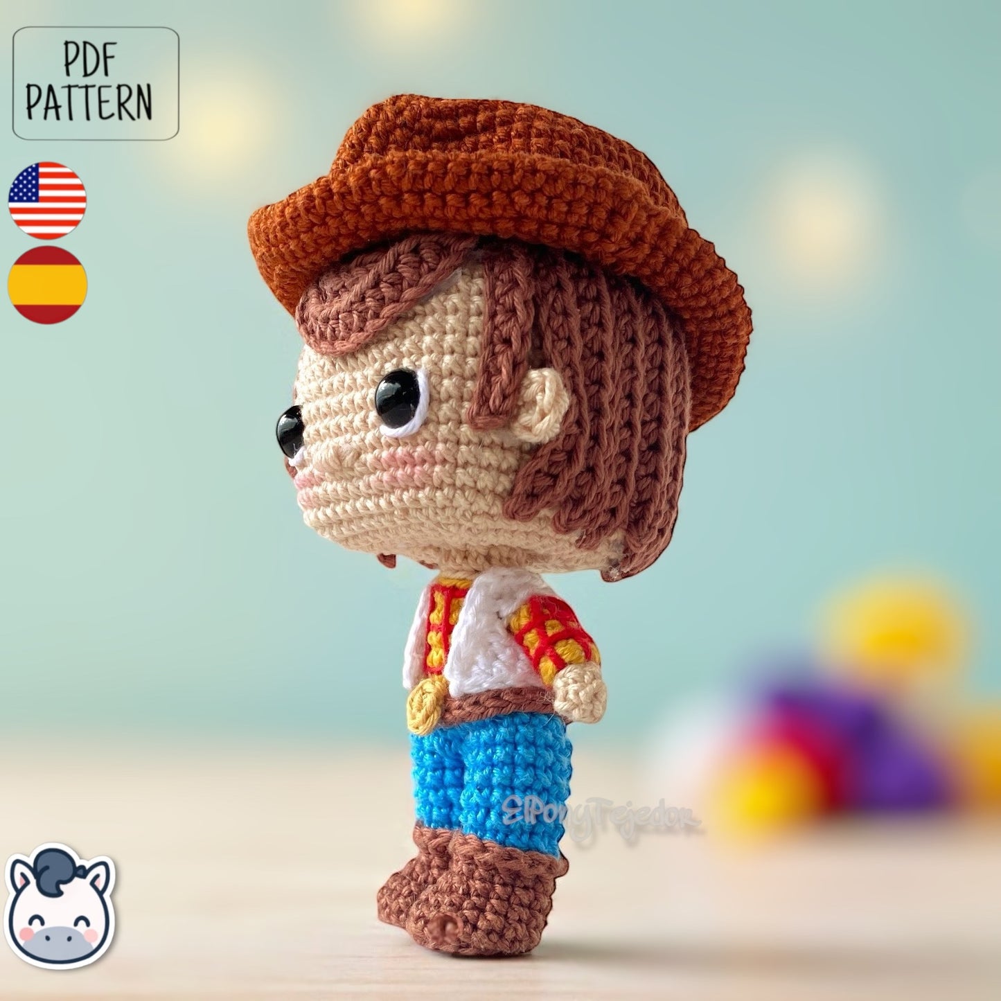 Handmade Woody amigurumi inspired by Disney Pixar’s Toy Story, a perfect crochet pattern for fans of cowboys, Western style, and animation classics.