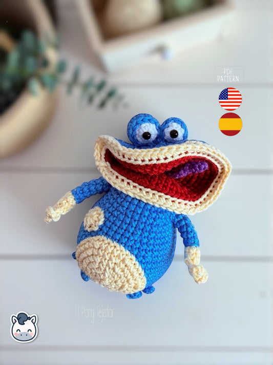 Amigurumi Globox tejido a mano inspirado en Rayman, muñeco azul de crochet con diseño kawaii y estilo geek, patrón PDF ideal para fans de los videojuegos clásicos y coleccionistas | Handmade Globox amigurumi inspired by Rayman, blue crochet character with a cute geek design, perfect PDF pattern for video game fans and Funko-style plush lovers