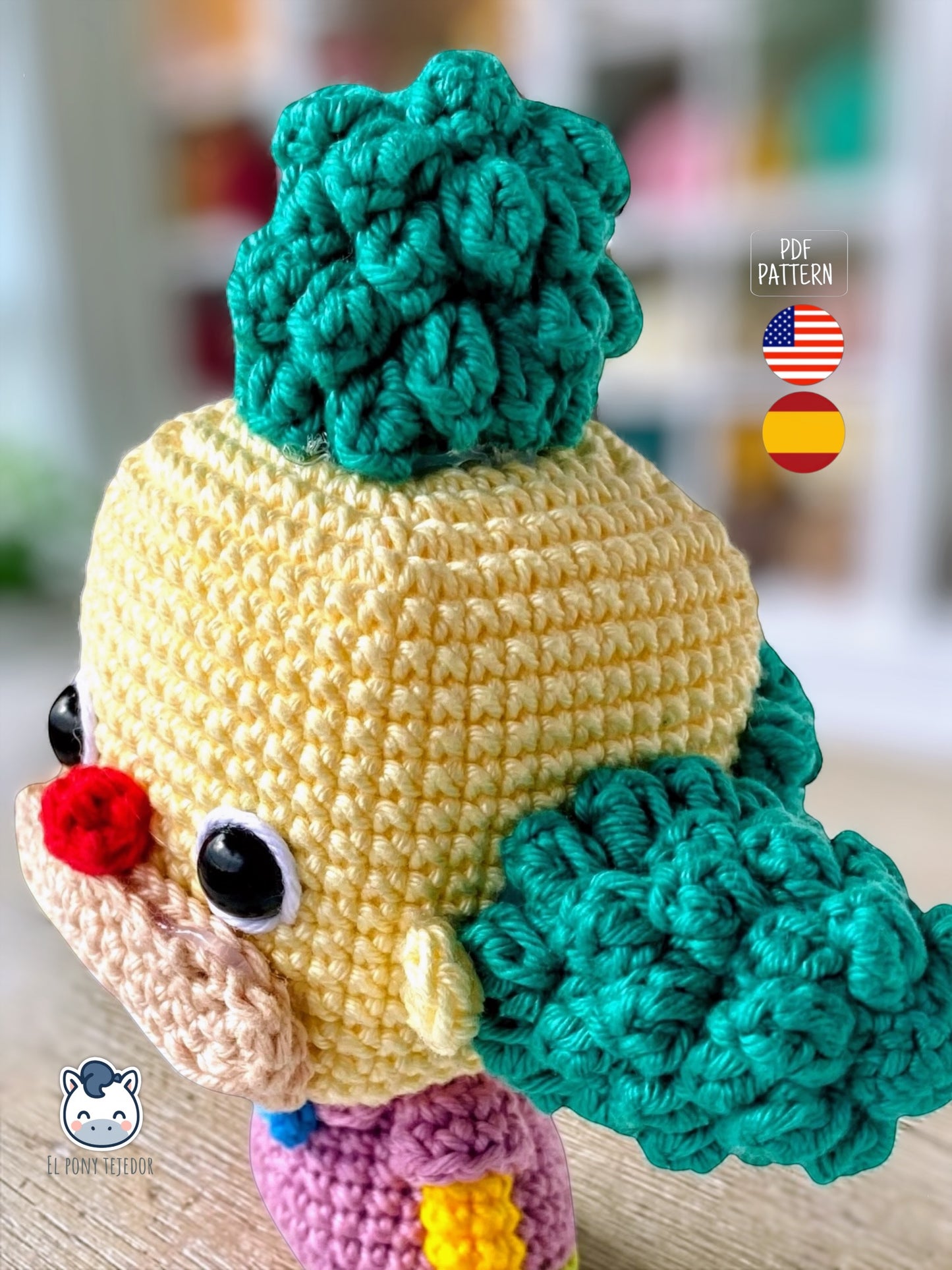 Amigurumi de Krusty el Payaso inspirado en Los Simpson, un patrón de ganchillo geek y colorido perfecto para fans de Springfield y muñecos estilo coleccionable.