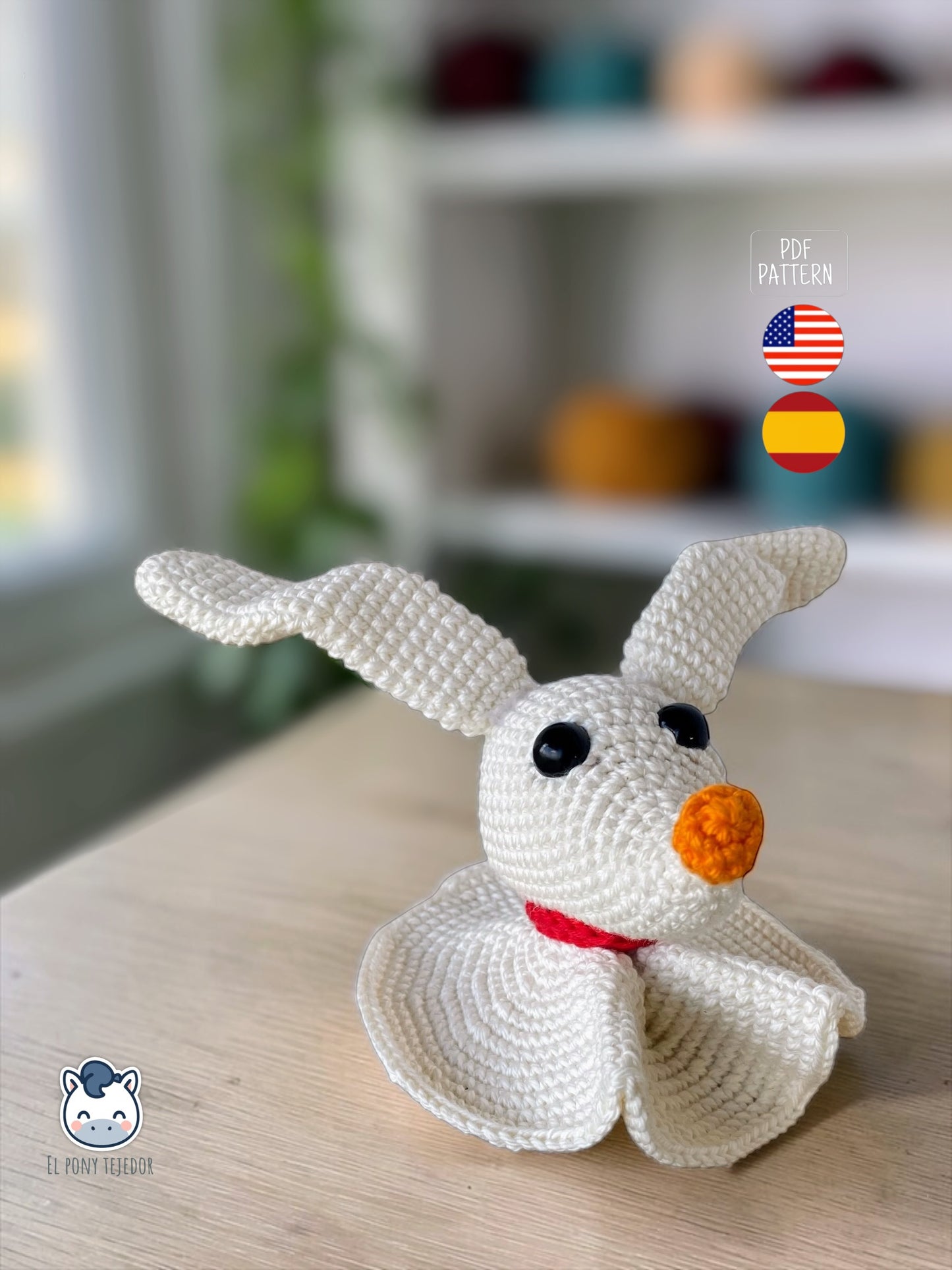Amigurumi de Zero inspirado en Pesadilla antes de Navidad, un patrón de ganchillo adorable ideal para decoración de Halloween y fans del cine fantástico.