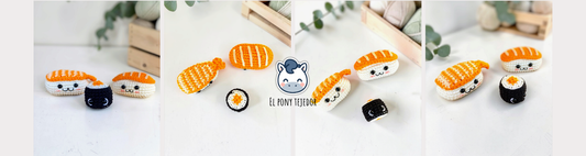 Handmade kawaii sushi amigurumi set featuring a salmon nigiri, shrimp nigiri and maki crochet plush made with a free crochet pattern.
