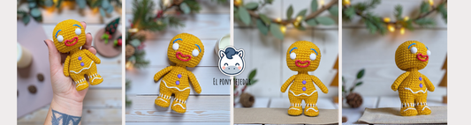 Amigurumi crochet free pattern of the Shrek Gingerbread Man with purple gumdrop buttons and white icing details.