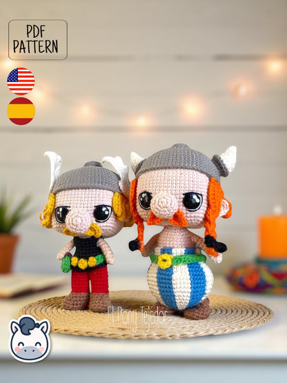 Handmade Asterix and Obelix amigurumi inspired by Goscinny and Uderzo’s classic French comics, a vintage crochet pattern PDF perfect for comic book lovers.