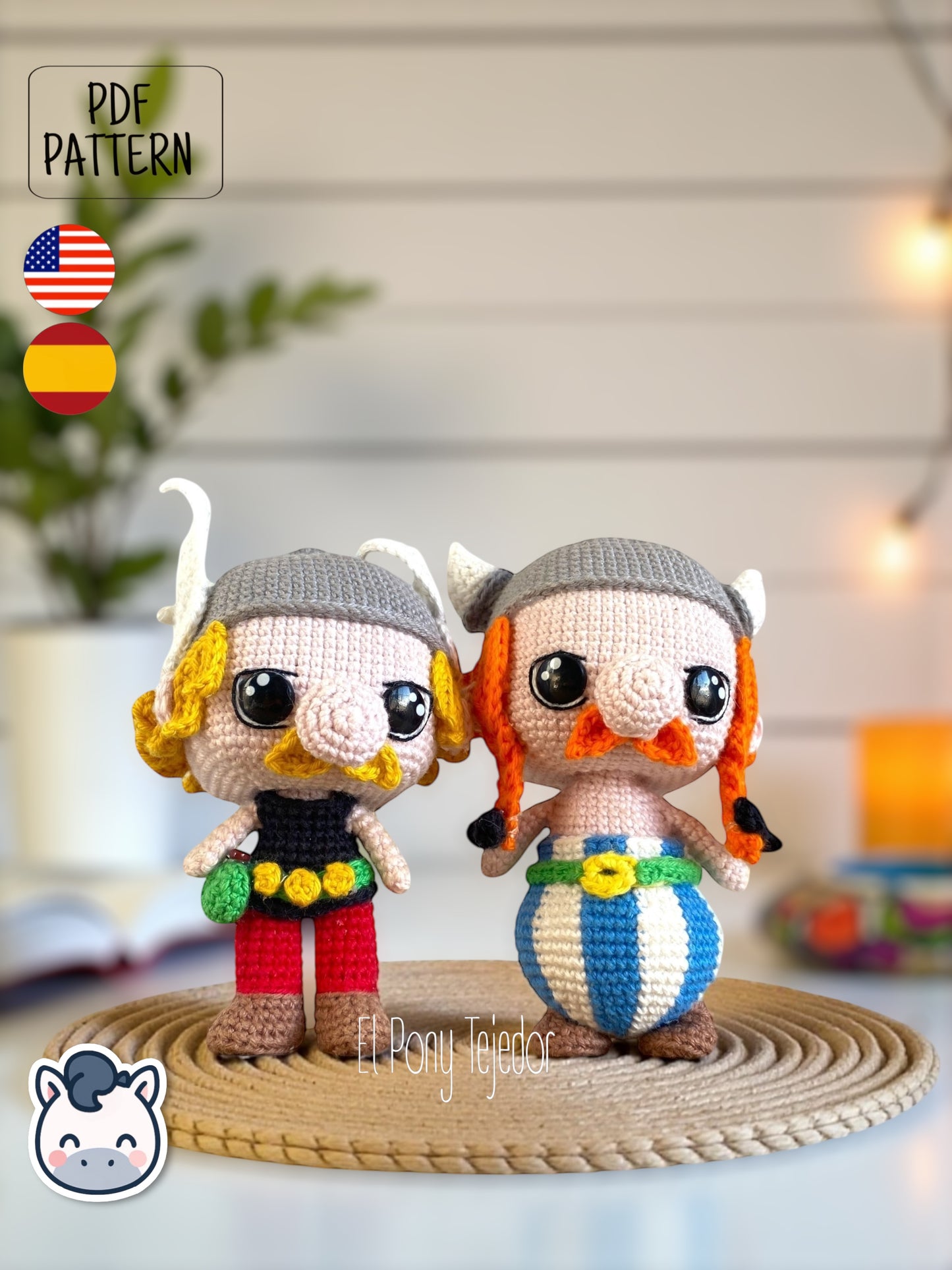 Handmade Asterix and Obelix amigurumi inspired by Goscinny and Uderzo’s classic French comics, a vintage crochet pattern PDF perfect for comic book lovers.