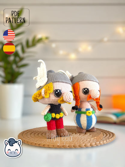 Handmade Asterix and Obelix amigurumi inspired by Goscinny and Uderzo’s classic French comics, a vintage crochet pattern PDF perfect for comic book lovers.