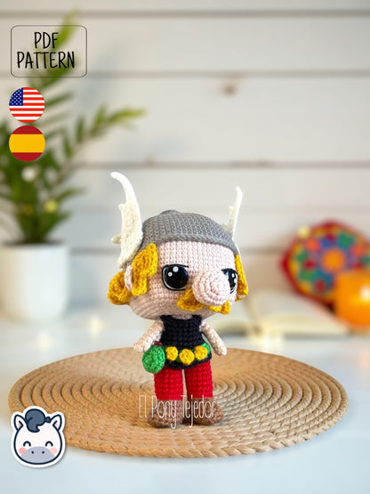 Handmade Asterix and Obelix amigurumi inspired by Goscinny and Uderzo’s classic French comics, a vintage crochet pattern PDF perfect for comic book lovers.