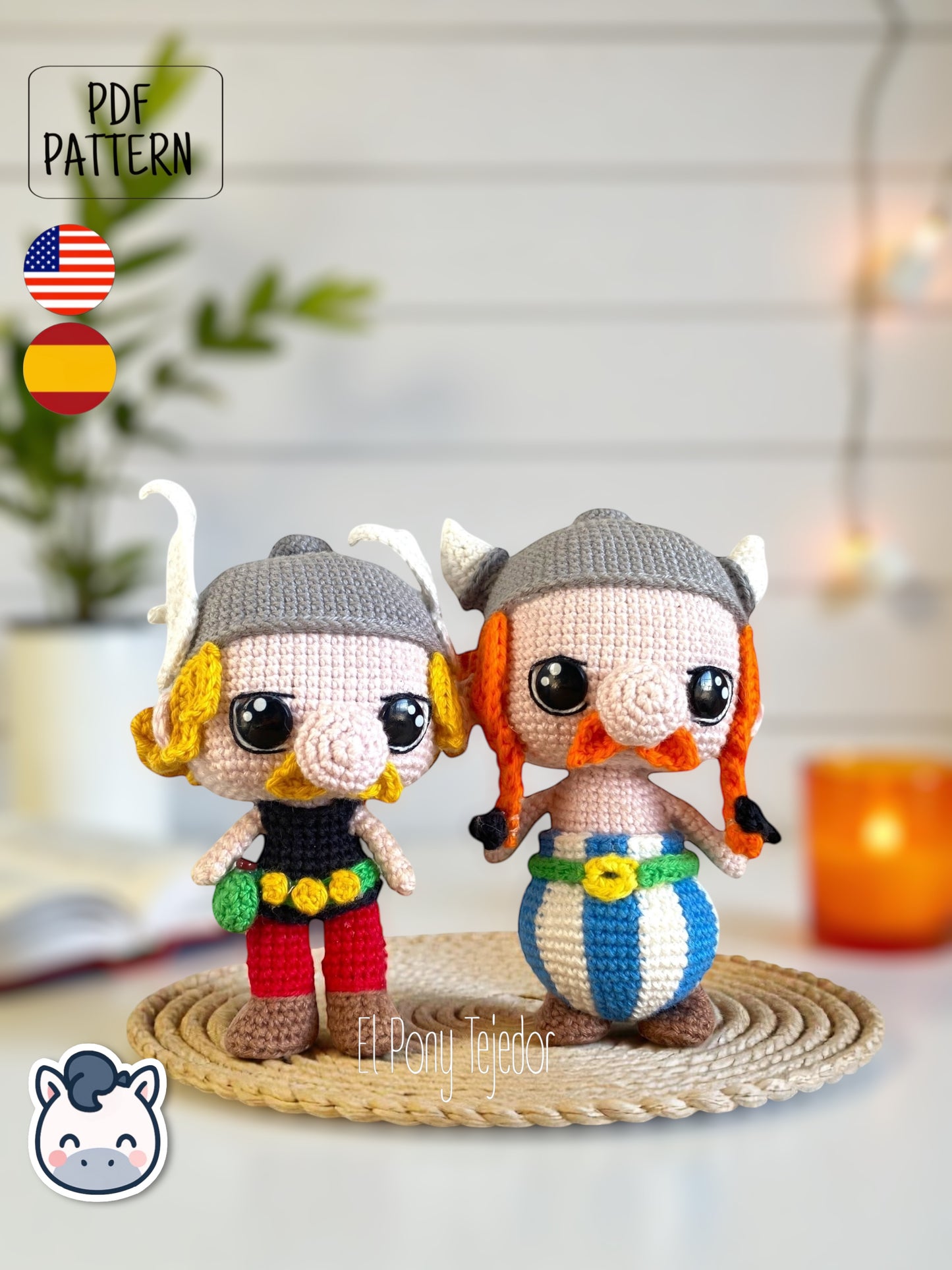 Handmade Asterix and Obelix amigurumi inspired by Goscinny and Uderzo’s classic French comics, a vintage crochet pattern PDF perfect for comic book lovers.