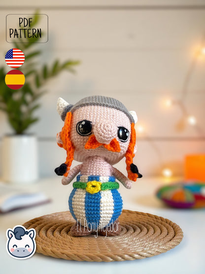 Handmade Asterix and Obelix amigurumi inspired by Goscinny and Uderzo’s classic French comics, a vintage crochet pattern PDF perfect for comic book lovers.