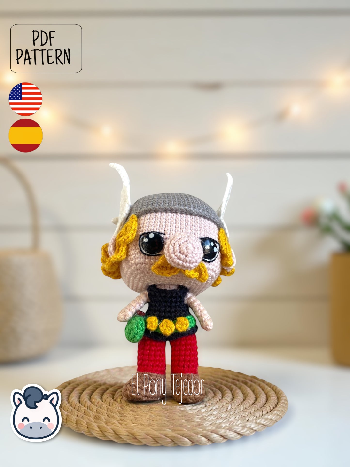 Handmade Asterix and Obelix amigurumi inspired by Goscinny and Uderzo’s classic French comics, a vintage crochet pattern PDF perfect for comic book lovers.