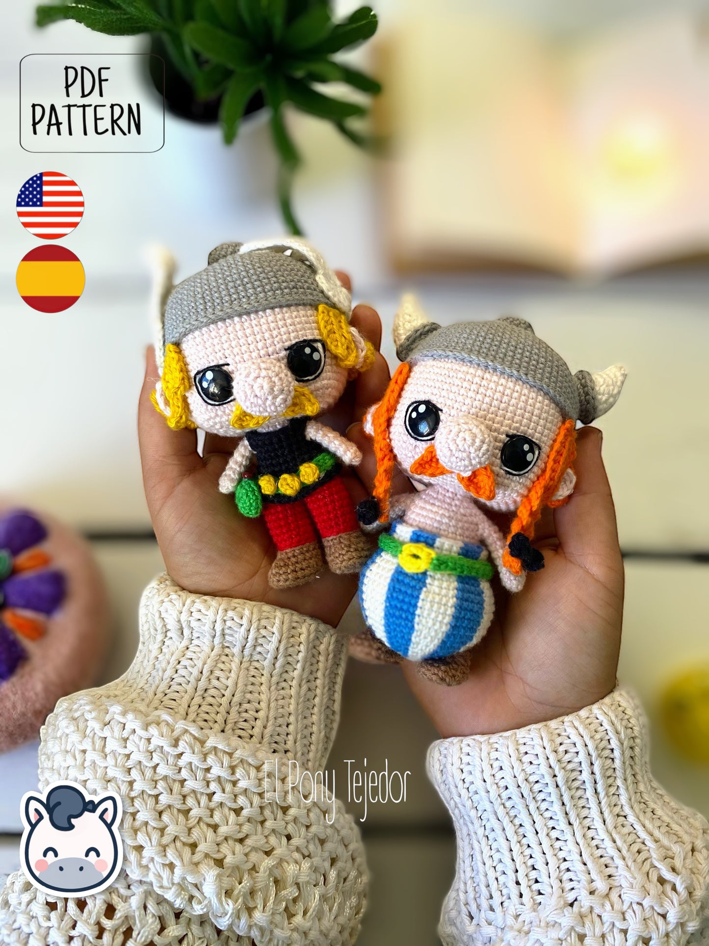 Handmade Asterix and Obelix amigurumi inspired by Goscinny and Uderzo’s classic French comics, a vintage crochet pattern PDF perfect for comic book lovers.