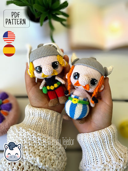 Handmade Asterix and Obelix amigurumi inspired by Goscinny and Uderzo’s classic French comics, a vintage crochet pattern PDF perfect for comic book lovers.