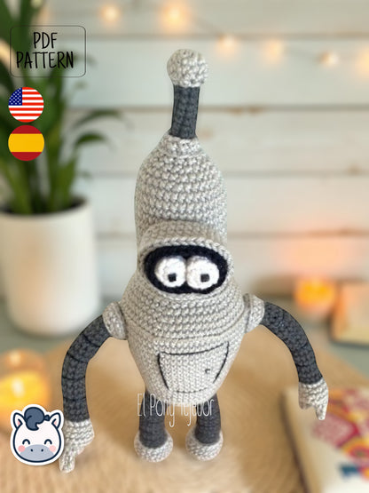 Handmade Bender amigurumi inspired by Futurama, a perfect pattern for fans of robots, sci-fi comedy, and geek crochet collectibles.