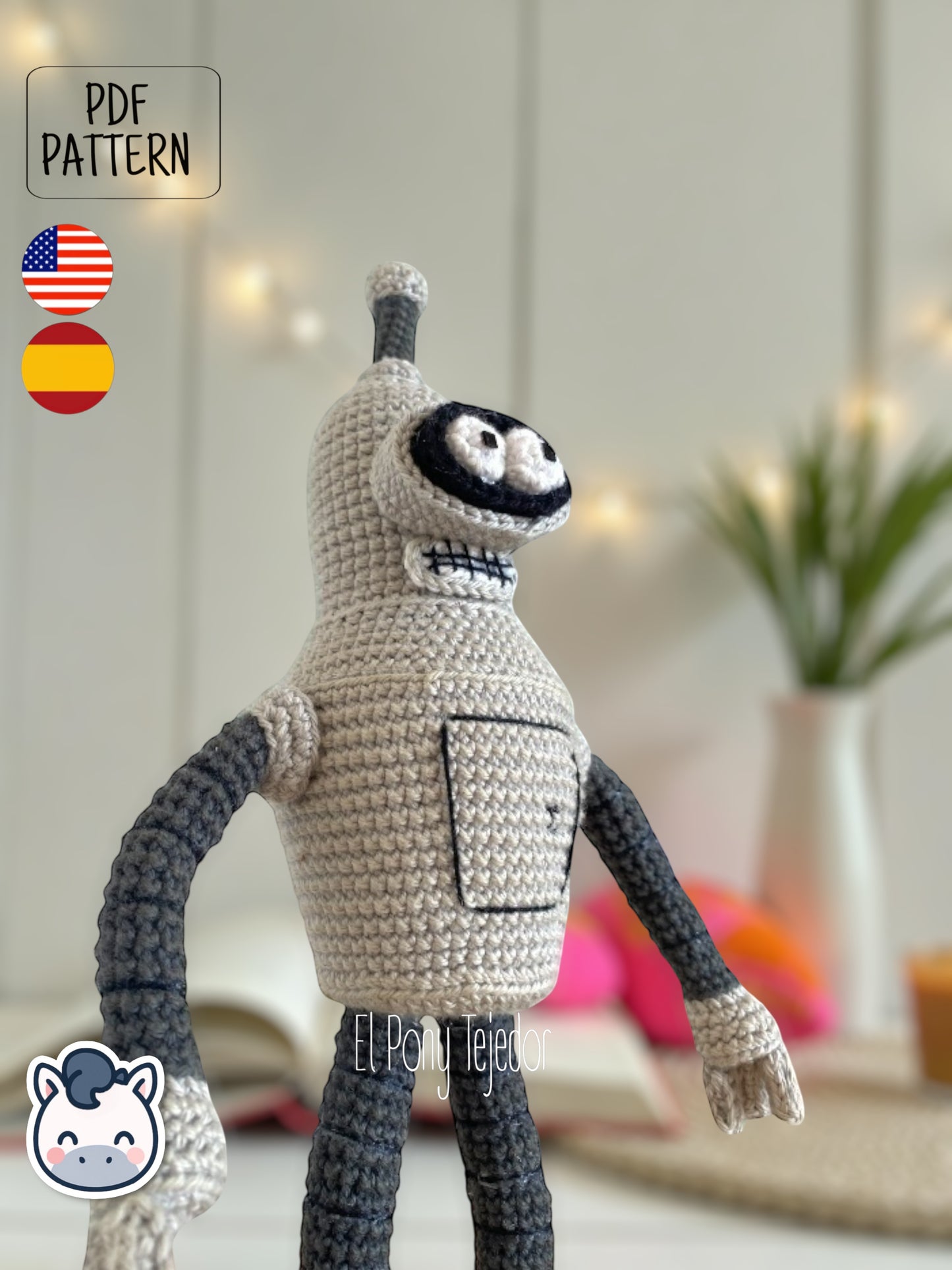Handmade Bender amigurumi inspired by Futurama, a perfect pattern for fans of robots, sci-fi comedy, and geek crochet collectibles.
