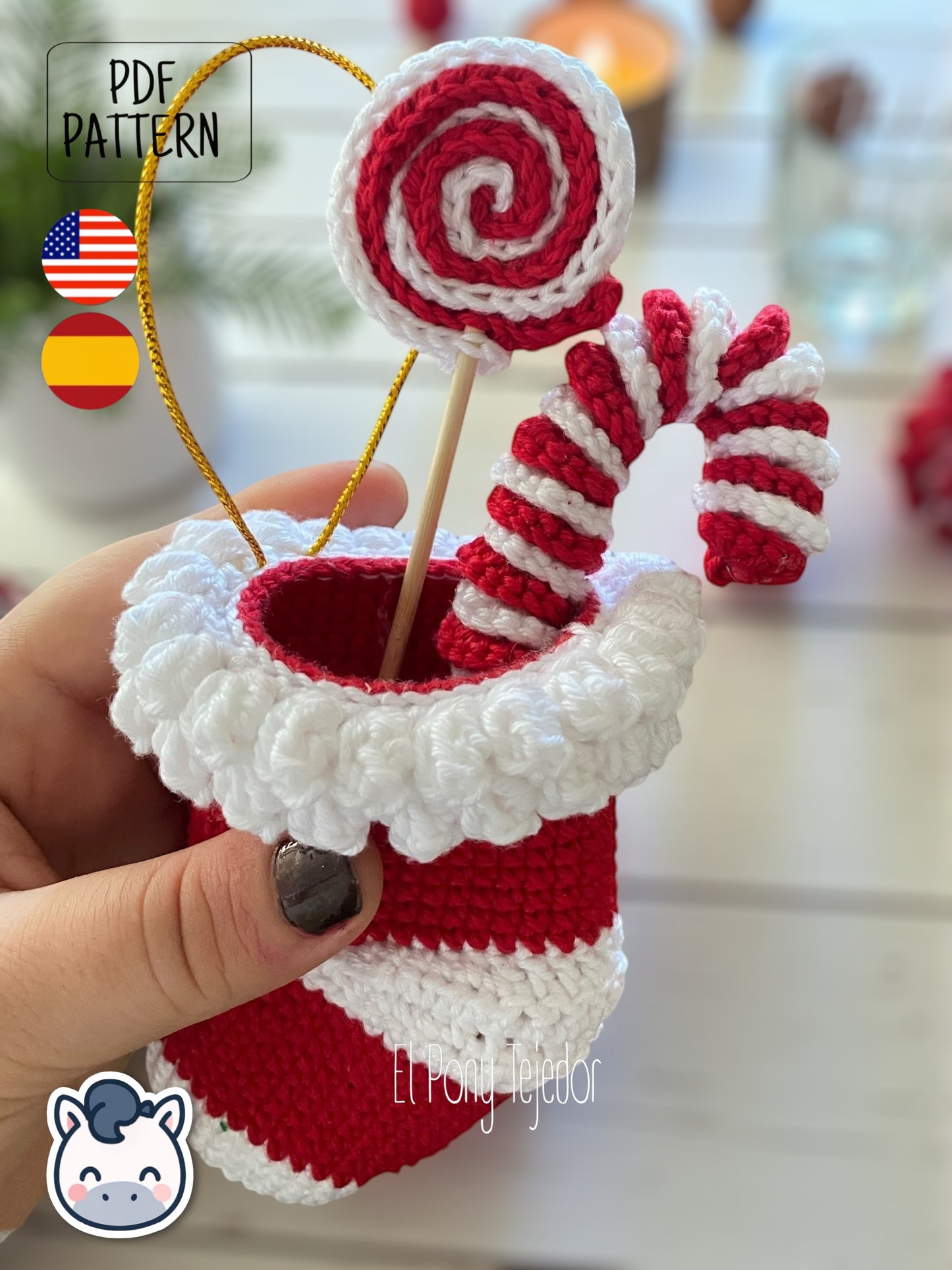 Handmade Christmas Stockings and Candies amigurumi crochet pattern PDF, perfect for holiday tree ornaments and festive home decor.