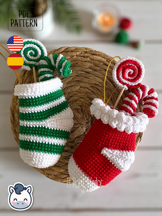 Handmade Christmas Stockings and Candies amigurumi crochet pattern PDF, perfect for holiday tree ornaments and festive home decor.
