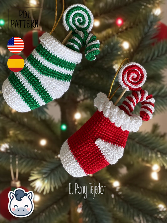 Handmade Christmas Stockings and Candies amigurumi crochet pattern PDF, perfect for holiday tree ornaments and festive home decor.