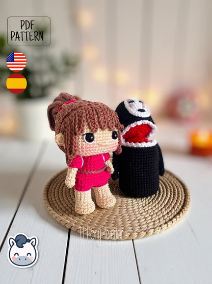 Handmade Chihiro and No Face amigurumi inspired by Studio Ghibli’s Spirited Away (El Viaje de Chihiro), a perfect pattern for fans of Ghibli, anime, and magical handmade creations.
