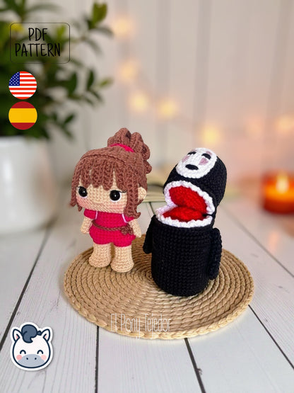 Handmade Chihiro and No Face amigurumi inspired by Studio Ghibli’s Spirited Away (El Viaje de Chihiro), a perfect pattern for fans of Ghibli, anime, and magical handmade creations.