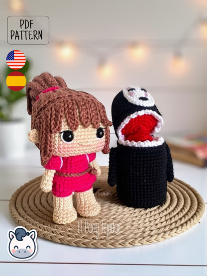 Handmade Chihiro and No Face amigurumi inspired by Studio Ghibli’s Spirited Away (El Viaje de Chihiro), a perfect pattern for fans of Ghibli, anime, and magical handmade creations.
