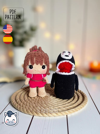 Handmade Chihiro and No Face amigurumi inspired by Studio Ghibli’s Spirited Away (El Viaje de Chihiro), a perfect pattern for fans of Ghibli, anime, and magical handmade creations.