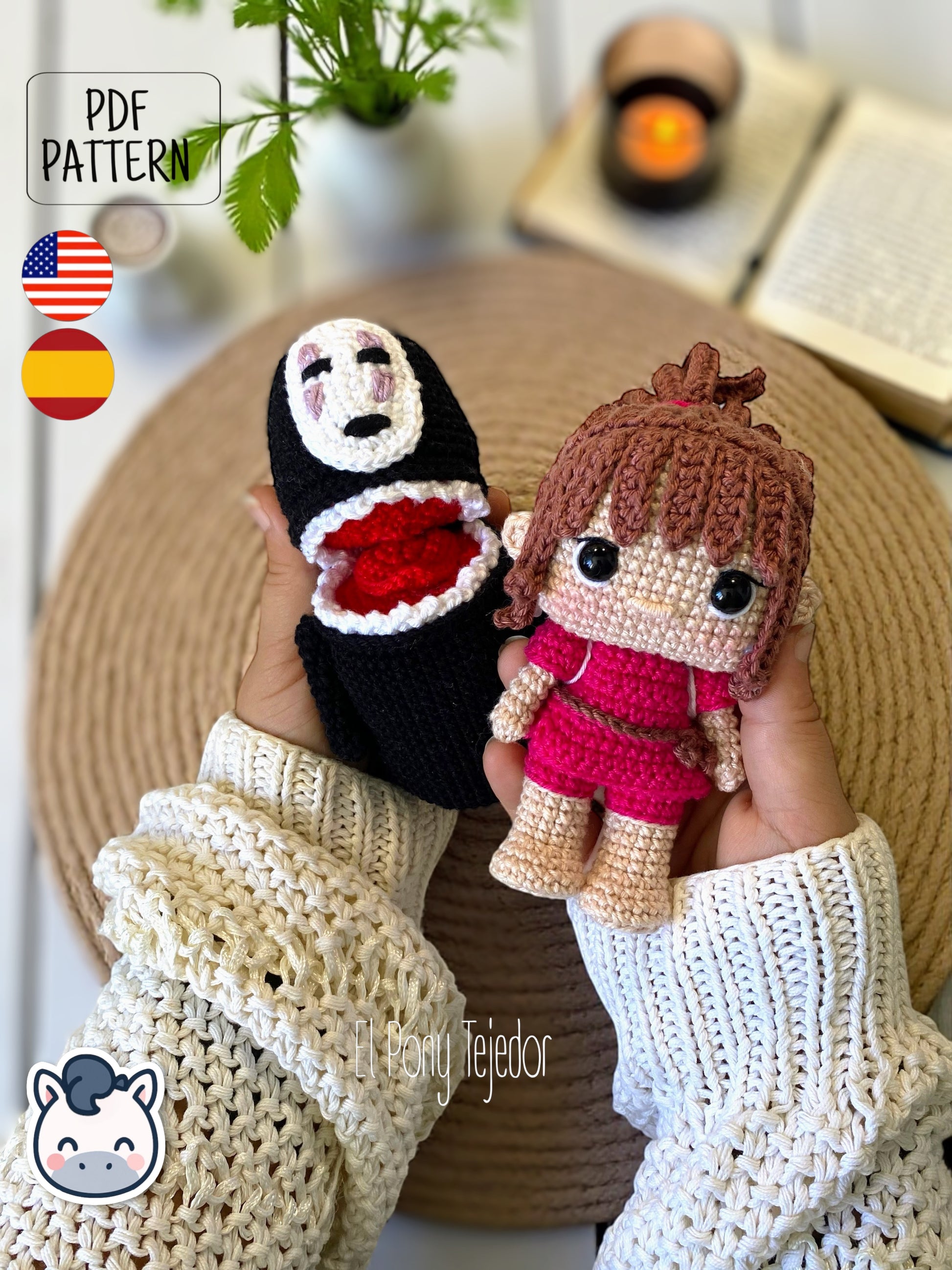Handmade Chihiro and No Face amigurumi inspired by Studio Ghibli’s Spirited Away (El Viaje de Chihiro), a perfect pattern for fans of Ghibli, anime, and magical handmade creations.