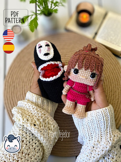 Handmade Chihiro and No Face amigurumi inspired by Studio Ghibli’s Spirited Away (El Viaje de Chihiro), a perfect pattern for fans of Ghibli, anime, and magical handmade creations.