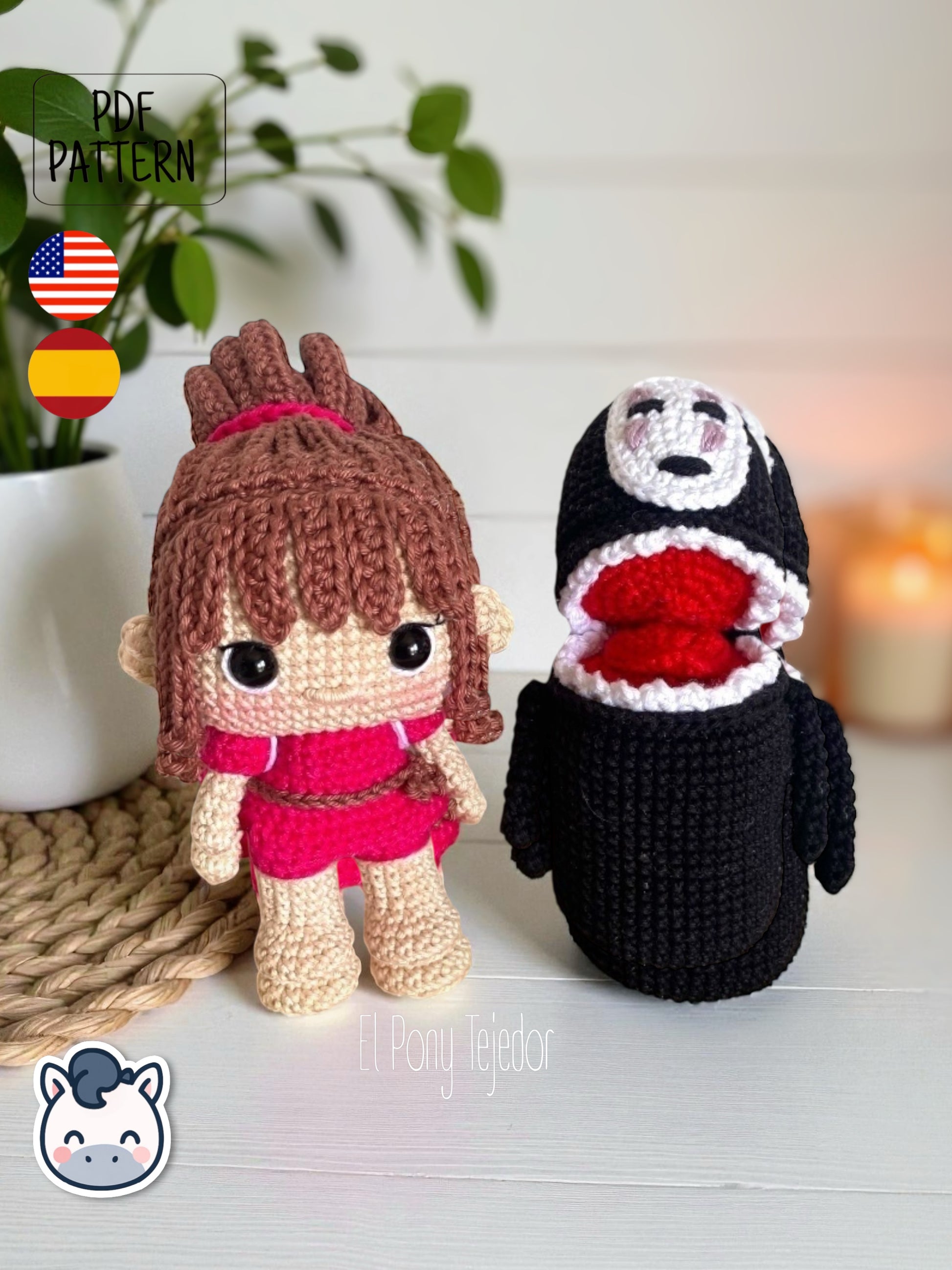 Handmade Chihiro and No Face amigurumi inspired by Studio Ghibli’s Spirited Away (El Viaje de Chihiro), a perfect pattern for fans of Ghibli, anime, and magical handmade creations.