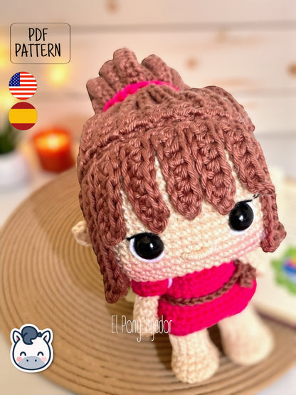 Handmade Chihiro amigurumi inspired by Studio Ghibli’s Spirited Away (El Viaje de Chihiro), a perfect pattern for fans of Ghibli, anime magic, and kawaii handmade art.