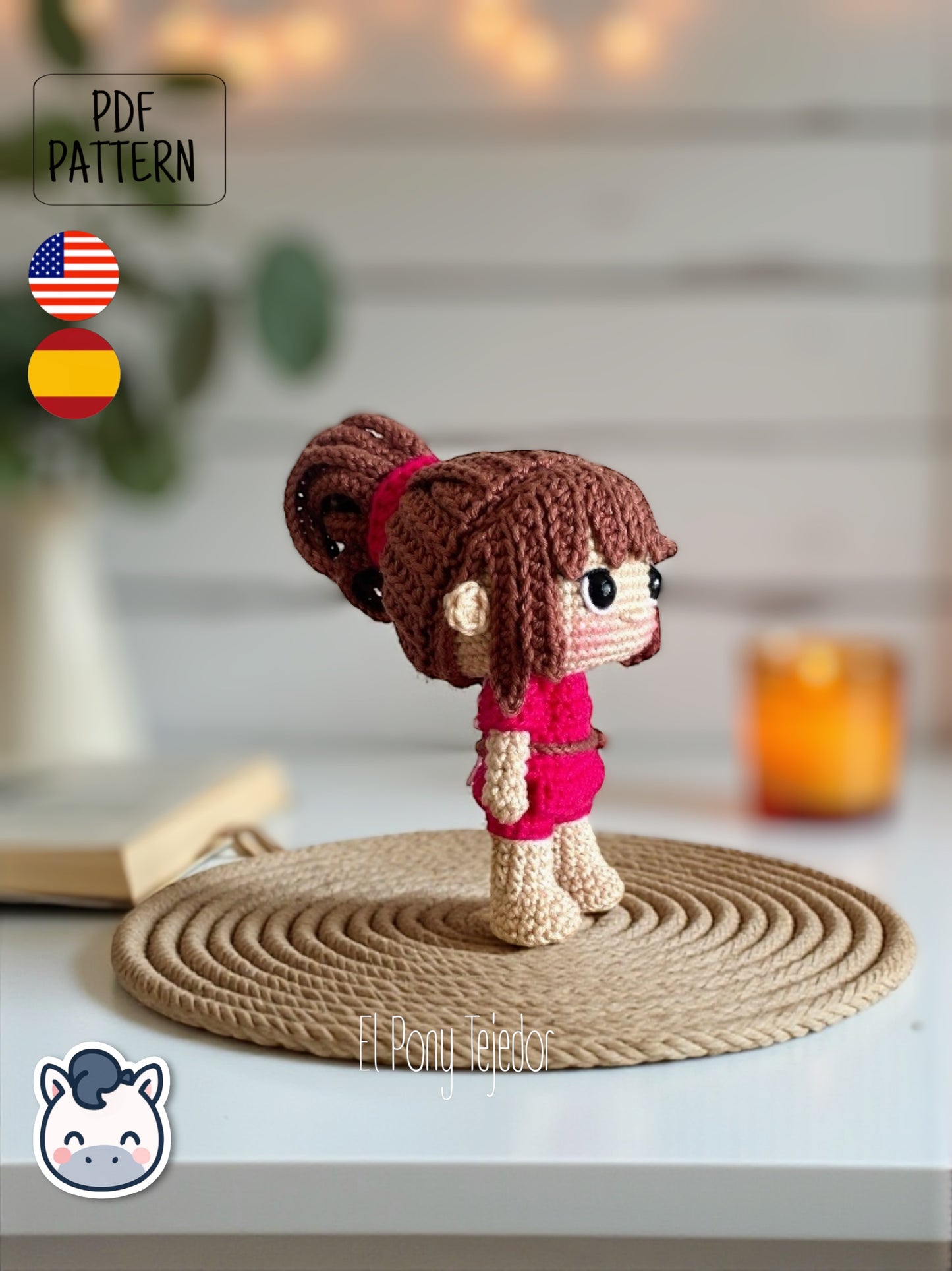 Handmade Chihiro amigurumi inspired by Studio Ghibli’s Spirited Away (El Viaje de Chihiro), a perfect pattern for fans of Ghibli, anime magic, and kawaii handmade art.