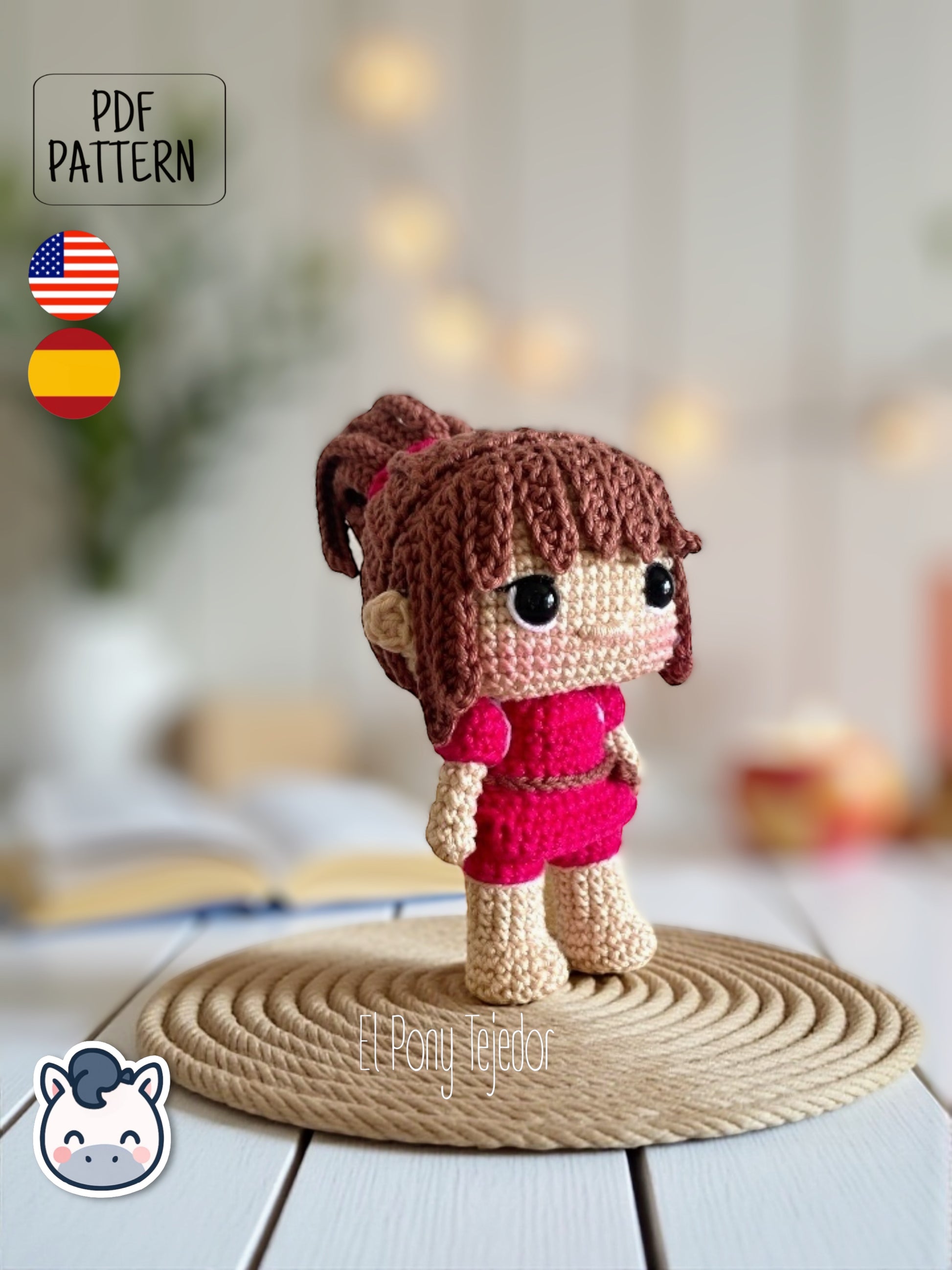 Handmade Chihiro amigurumi inspired by Studio Ghibli’s Spirited Away (El Viaje de Chihiro), a perfect pattern for fans of Ghibli, anime magic, and kawaii handmade art.