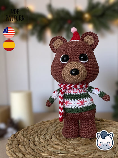 Handmade Christmas Bear amigurumi inspired by cozy winter holiday decor, a cute Christmas crochet pattern PDF perfect for fans of festive plush toys, handmade gifts and adorable amigurumi characters.