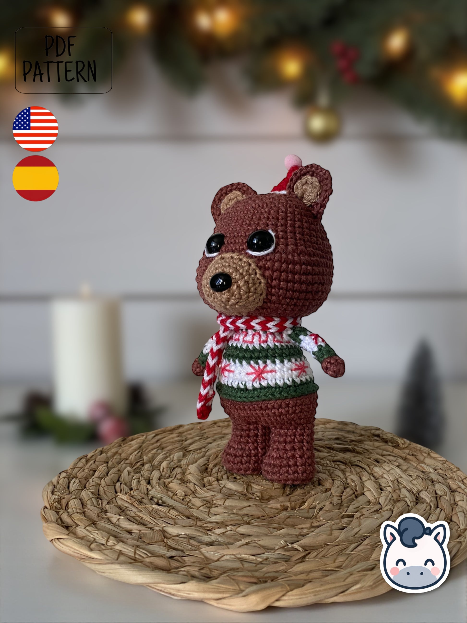 Handmade Christmas Bear amigurumi inspired by cozy winter holiday decor, a cute Christmas crochet pattern PDF perfect for fans of festive plush toys, handmade gifts and adorable amigurumi characters.
