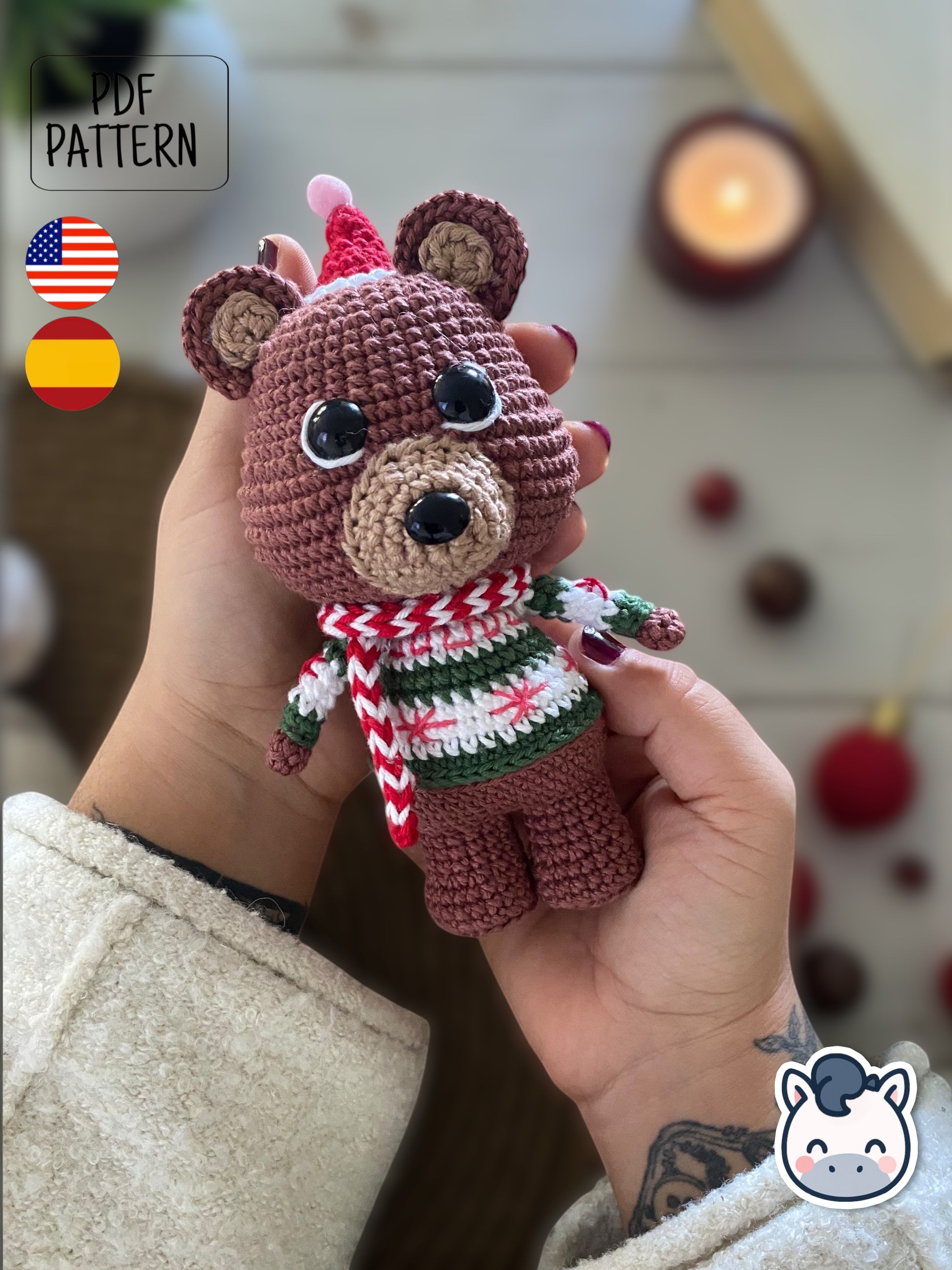 Handmade Christmas Bear amigurumi inspired by cozy winter holiday decor, a cute Christmas crochet pattern PDF perfect for fans of festive plush toys, handmade gifts and adorable amigurumi characters.