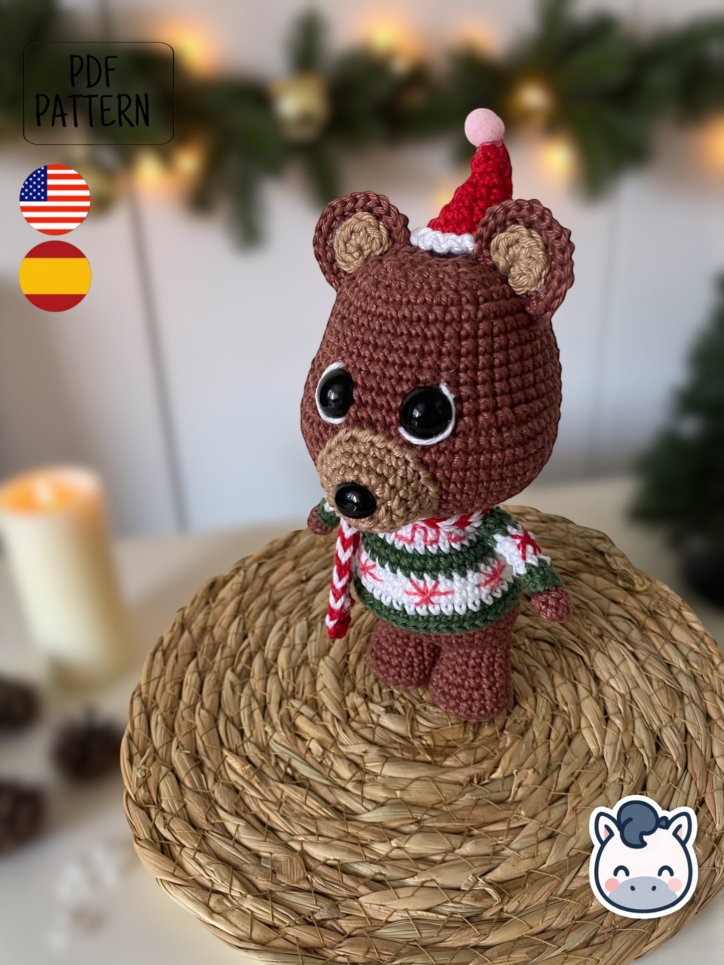 Handmade Christmas Bear amigurumi inspired by cozy winter holiday decor, a cute Christmas crochet pattern PDF perfect for fans of festive plush toys, handmade gifts and adorable amigurumi characters.